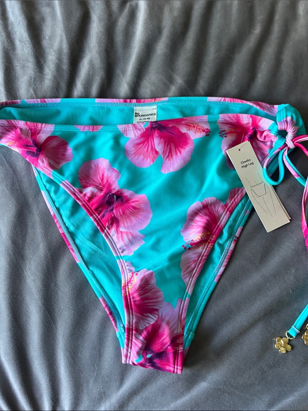 No Boundaries Turquoise Bikini Bottom with Pink Floral Print